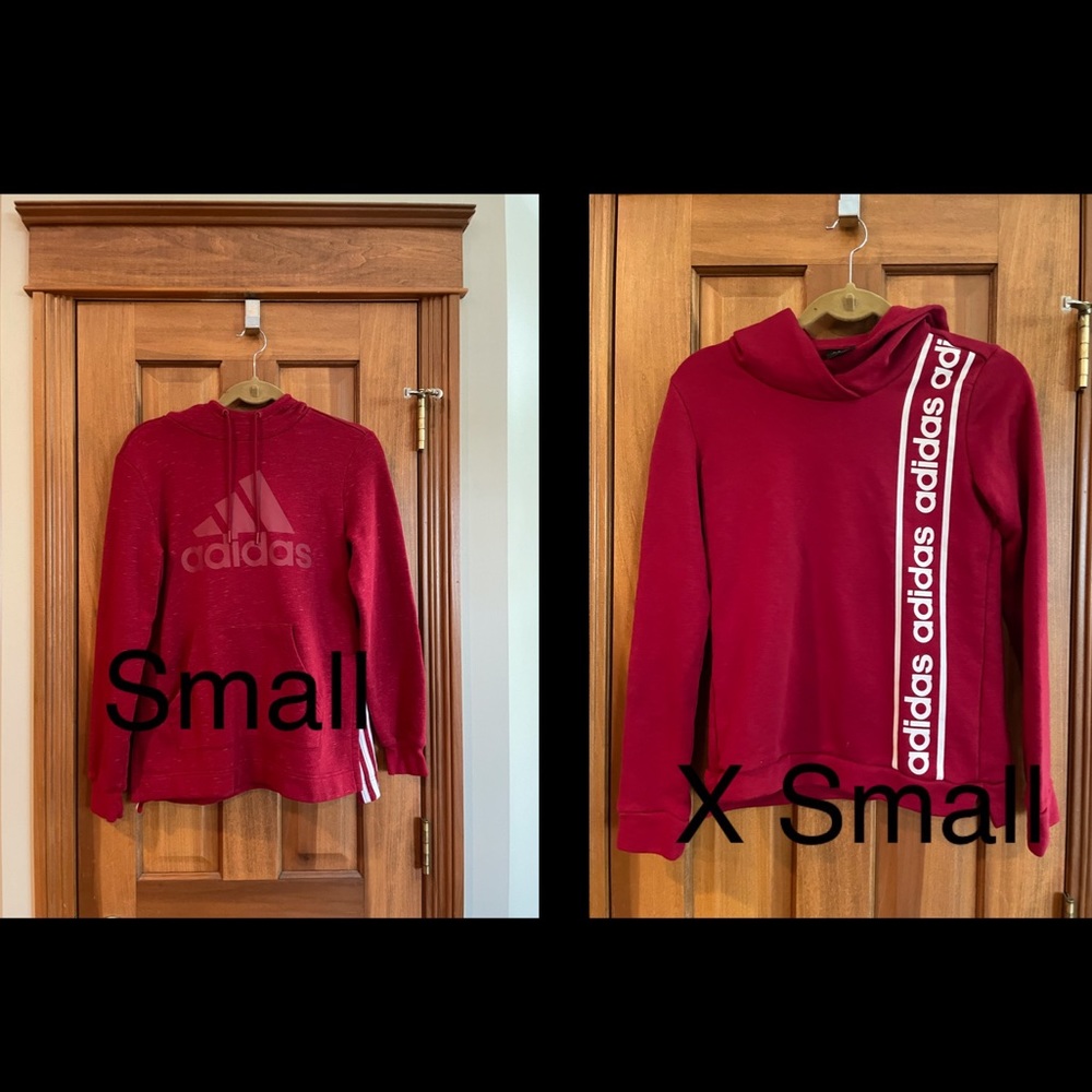 Bundle of Two Red Adidas Hoodie Sweatshirts, one S, the other XS
